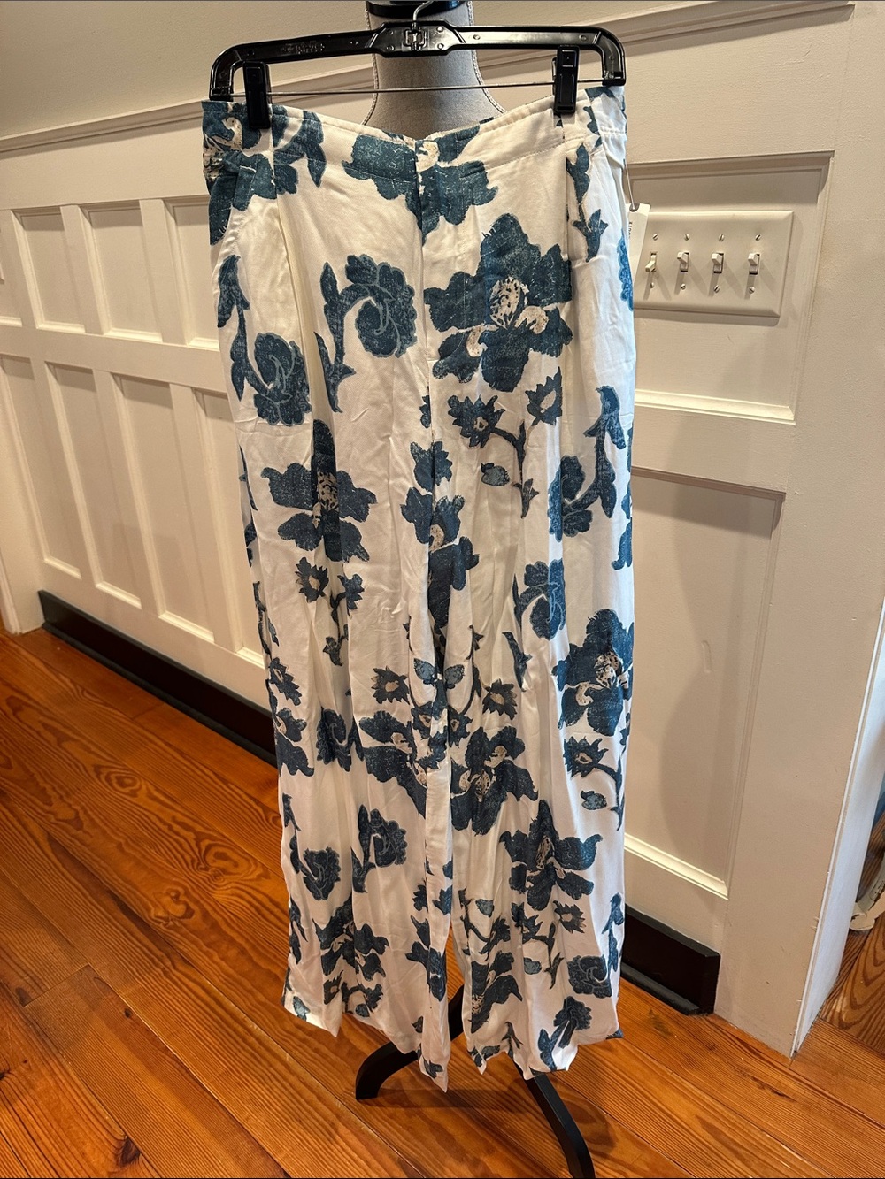 Anthropologie White wide leg pants with Blue Floral Motif